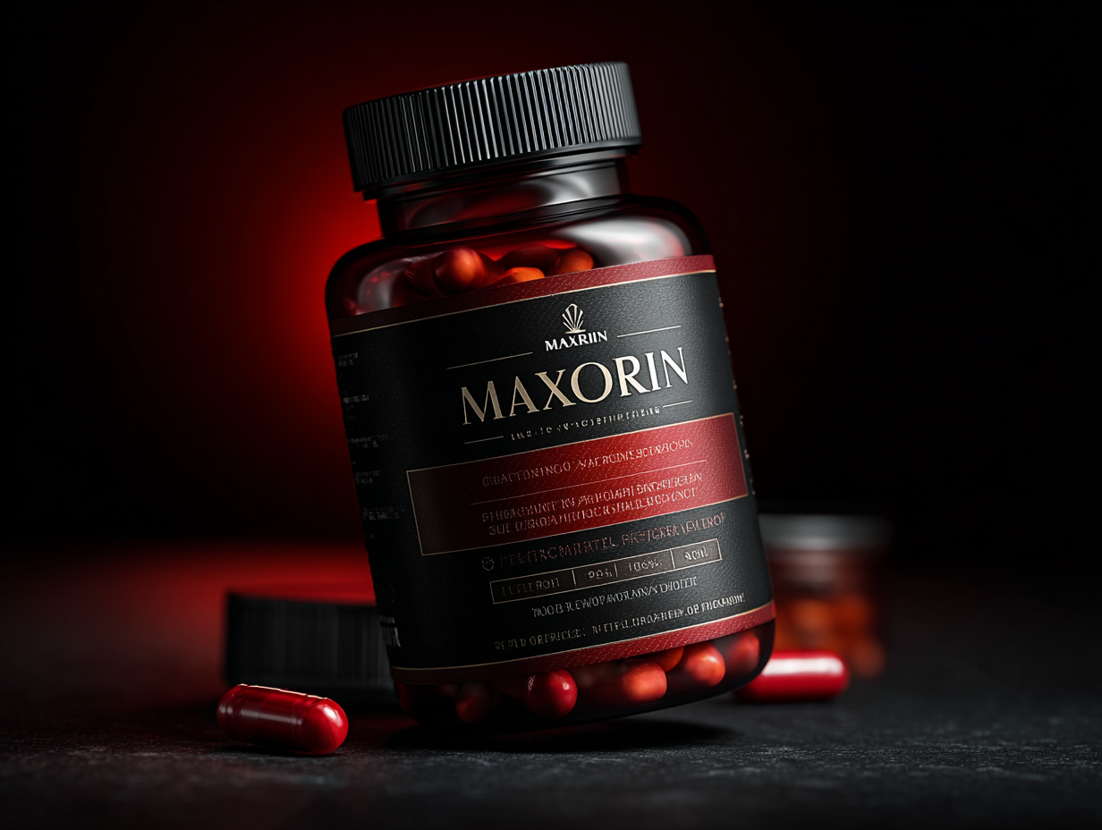 Maxorin - supliment natural pentru îmbunătățirea circulației sanguine, ambalaj premium pe fundal neutru cu design medical elegant